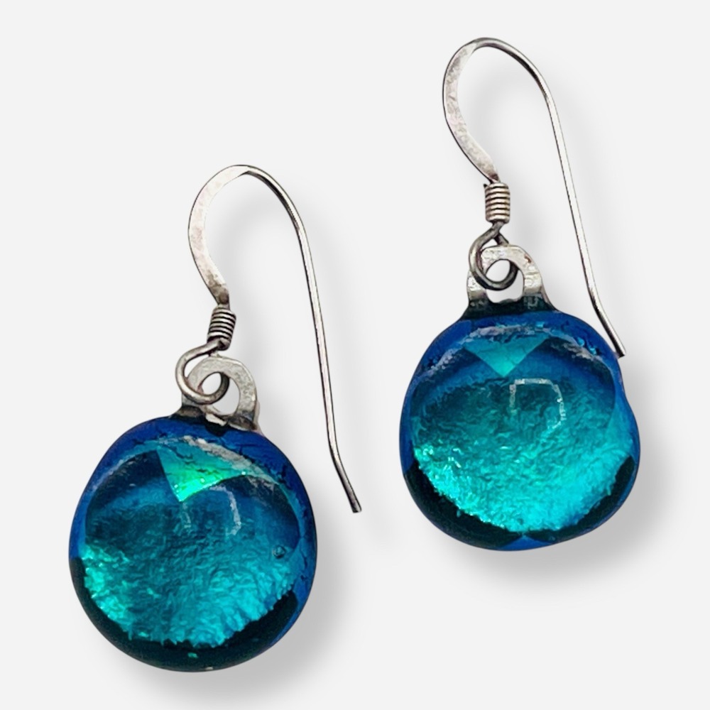 Margaret Shirer Dichroic Earrings Teal Blue Green Glass Dangle Sterling Silver